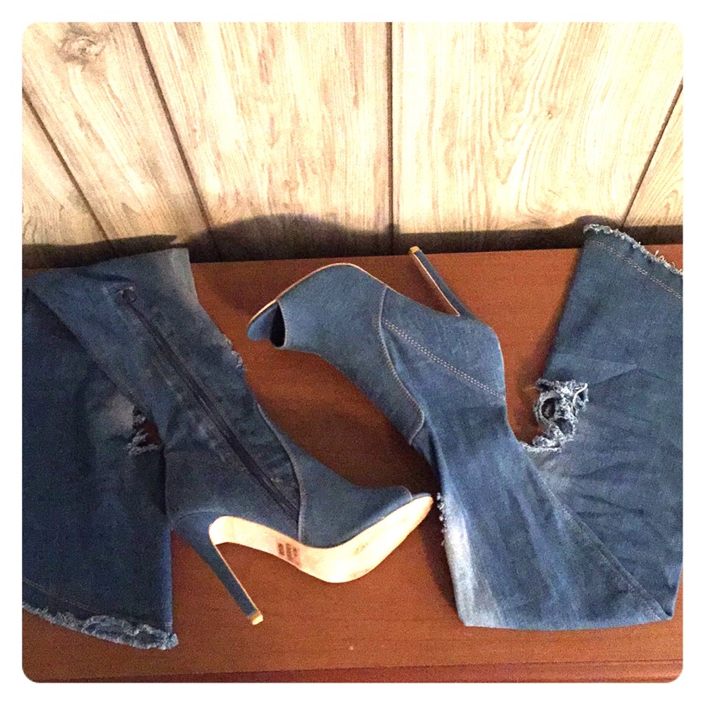 Thigh high blue jean heels